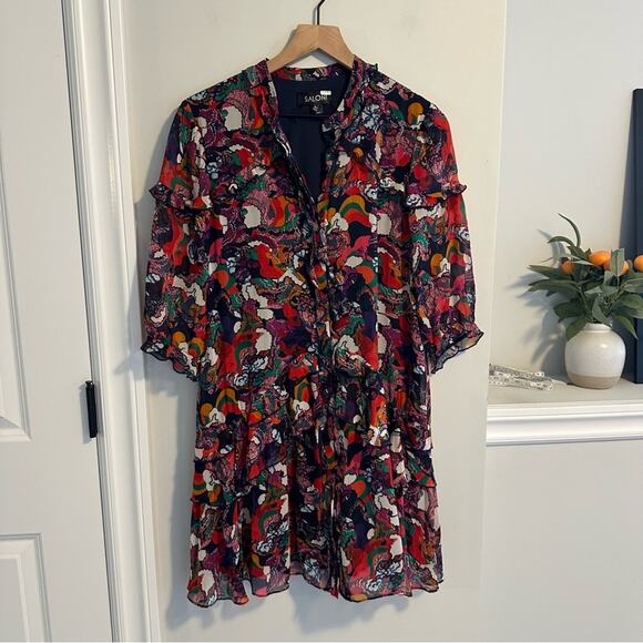 Saloni Red Blue Printed Silk Button Front Mini Dress 4 - Picture 11 of 16